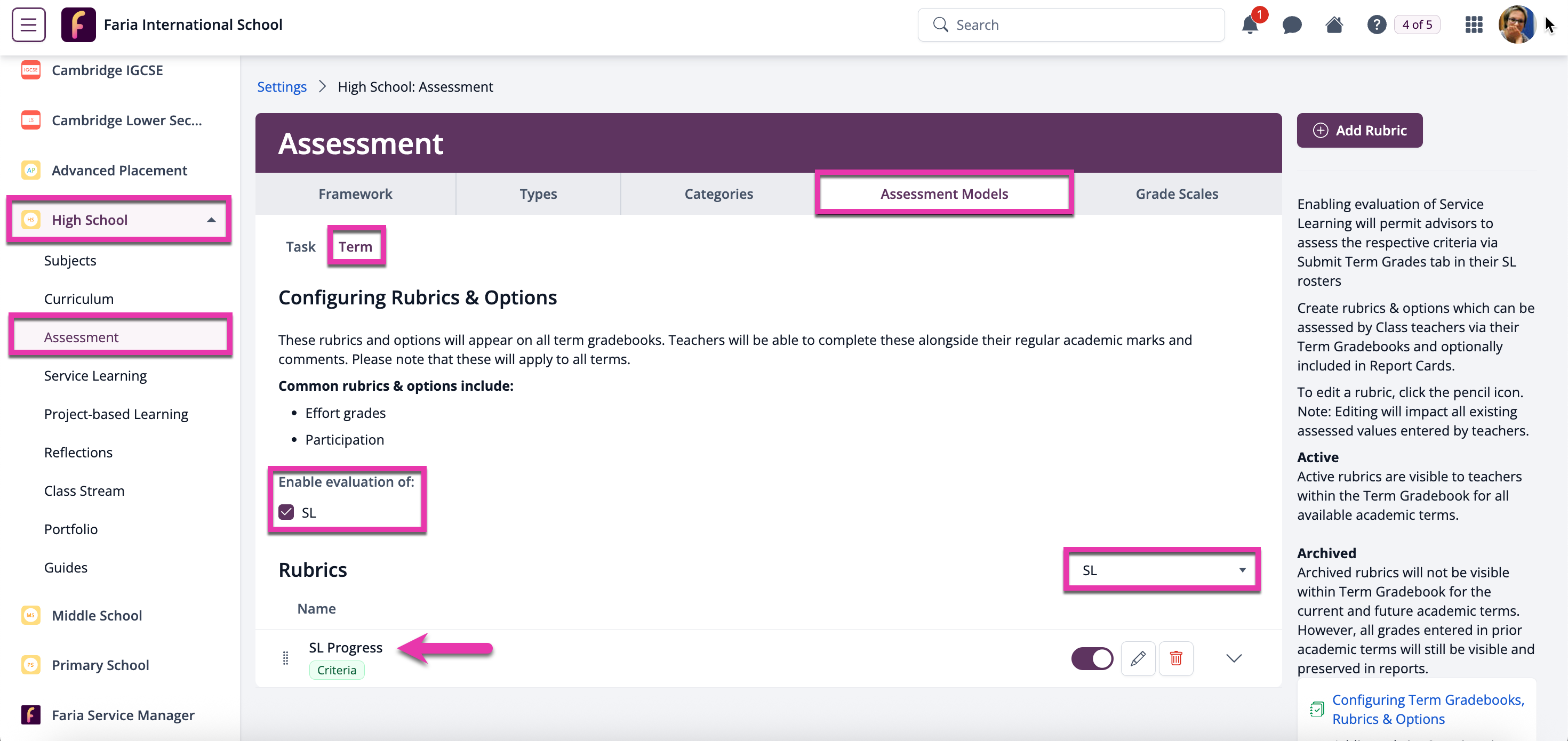 Captura de pantalla: Habilitar y personalizar la evaluación del aprendizaje-servicio