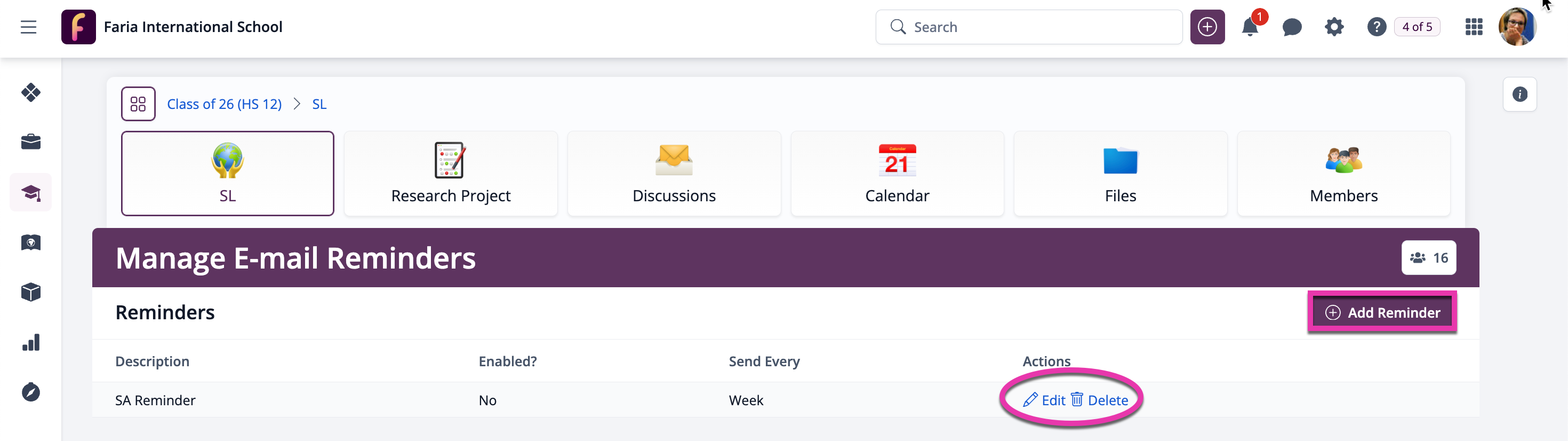 Captura de pantalla: Configurar recordatorios por correo electrónico para el aprendizaje-servicio