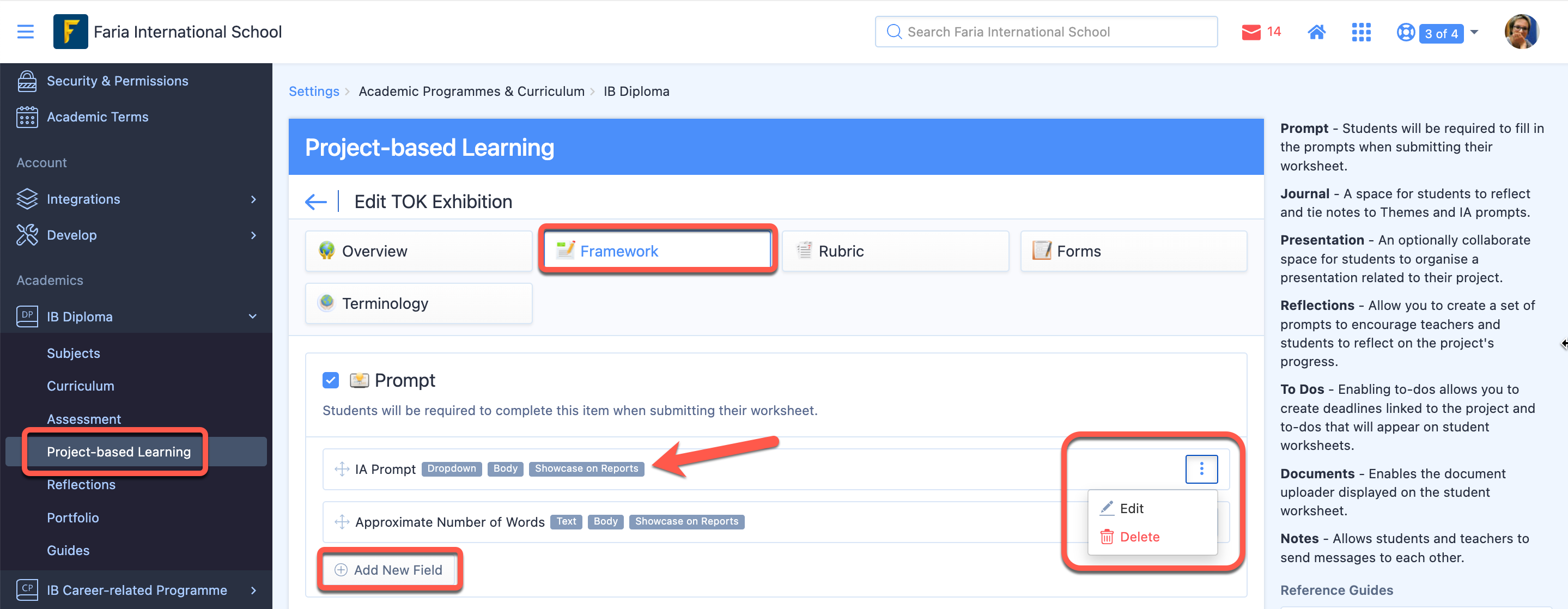 Captura de pantalla: Las rúbricas se pueden personalizar a través de Configuración > Diploma IB > Aprendizaje basado en proyectos > Exposición TOK > Rúbrica