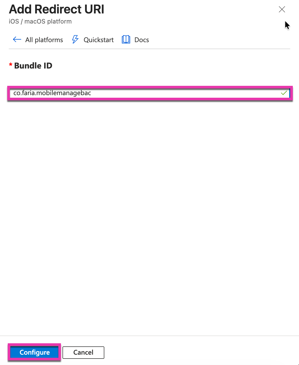 屏幕截图：在 Microsoft Azure 左侧面板中，选择“身份验证（预览）”，单击“添加重定向 URL”，然后选择 iOS / macOS。