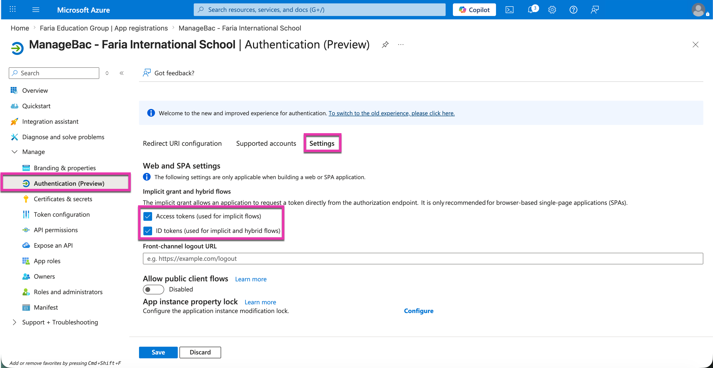 لقطة شاشة: تأكد من تفعيل رموز الوصول ورموز الهوية على Azure: انقر فوق حفظ التغييرات