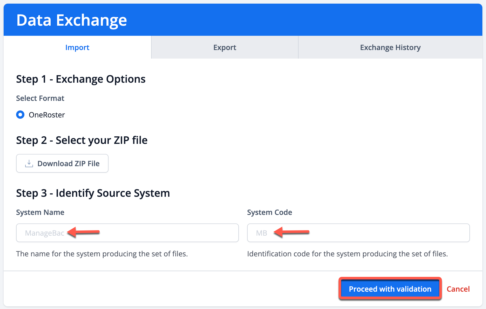 لقطة شاشة: اختر ملف OneRoster ZIP من جهاز الكمبيوتر الخاص بك وقم بتحميله بالنقر فوق حفظ