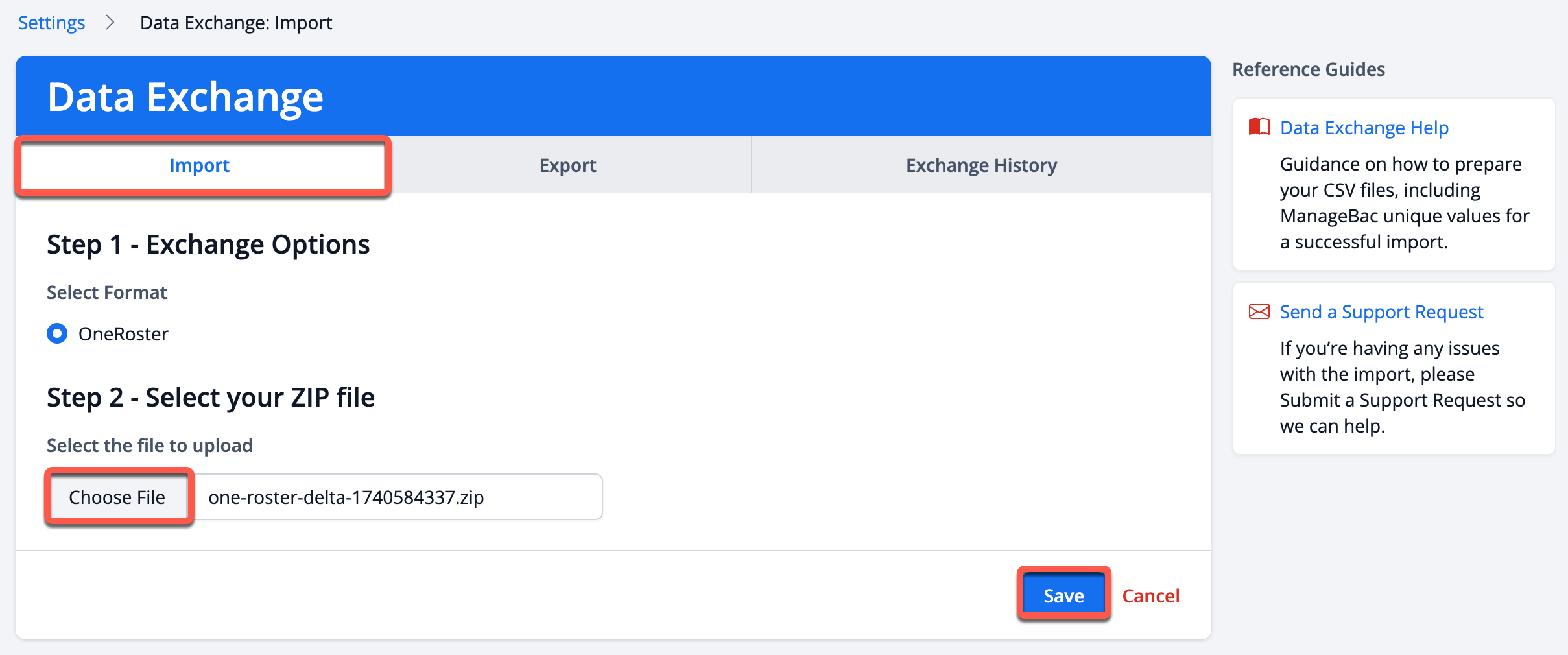 Captura de pantalla: Para iniciar el proceso de importación a través del Administrador de intercambio de datos, seleccione su archivo ZIP en la pestaña Importar.