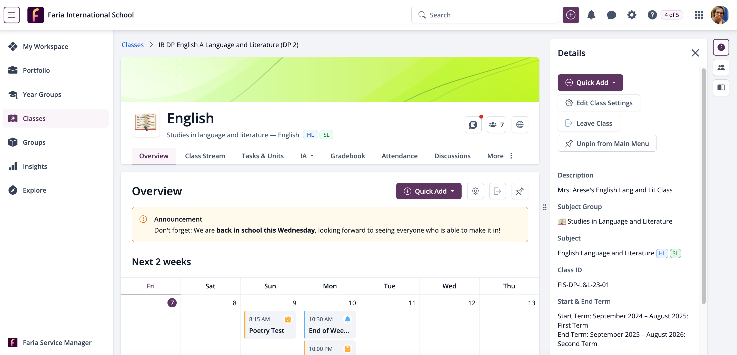 لقطة شاشة: نظرة عامة على فئة في ManageBac+