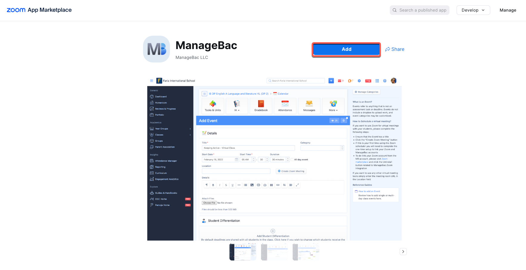 لقطة شاشة: يمكن ربط ManageBac+ من سوق Zoom عبر الخطوات المذكورة أدناه