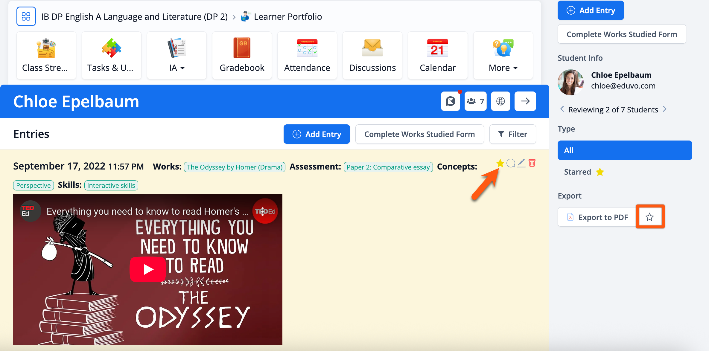 لقطة شاشة: يمكن لكل من المعلمين والطلاب تصدير الإدخالات إلى ملف PDF من خلال الانتقال إلى ملف الطالب الشخصي والنقر على