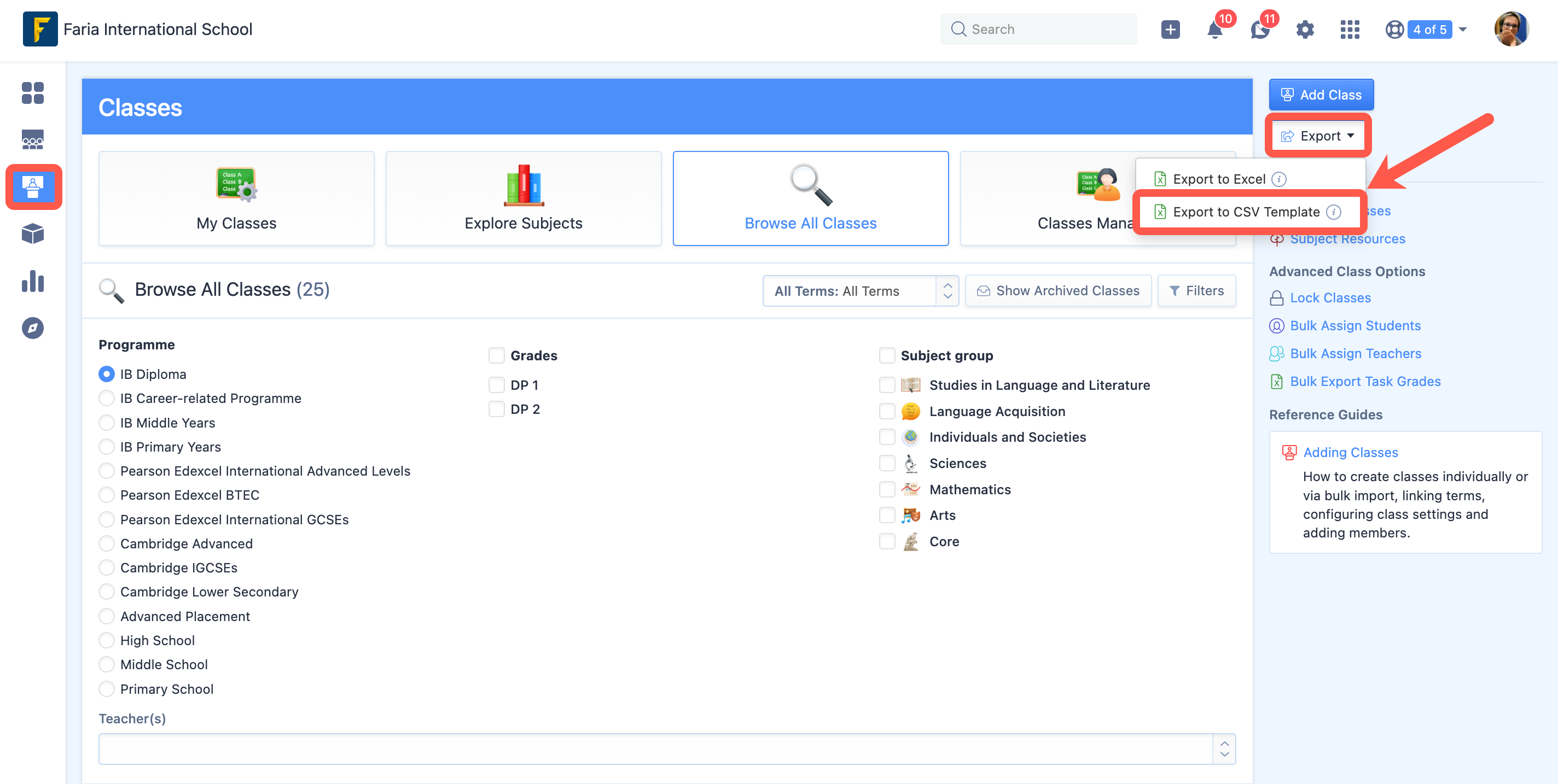 لقطة شاشة: تصدير الفئات، تصدير إلى ملف CSV