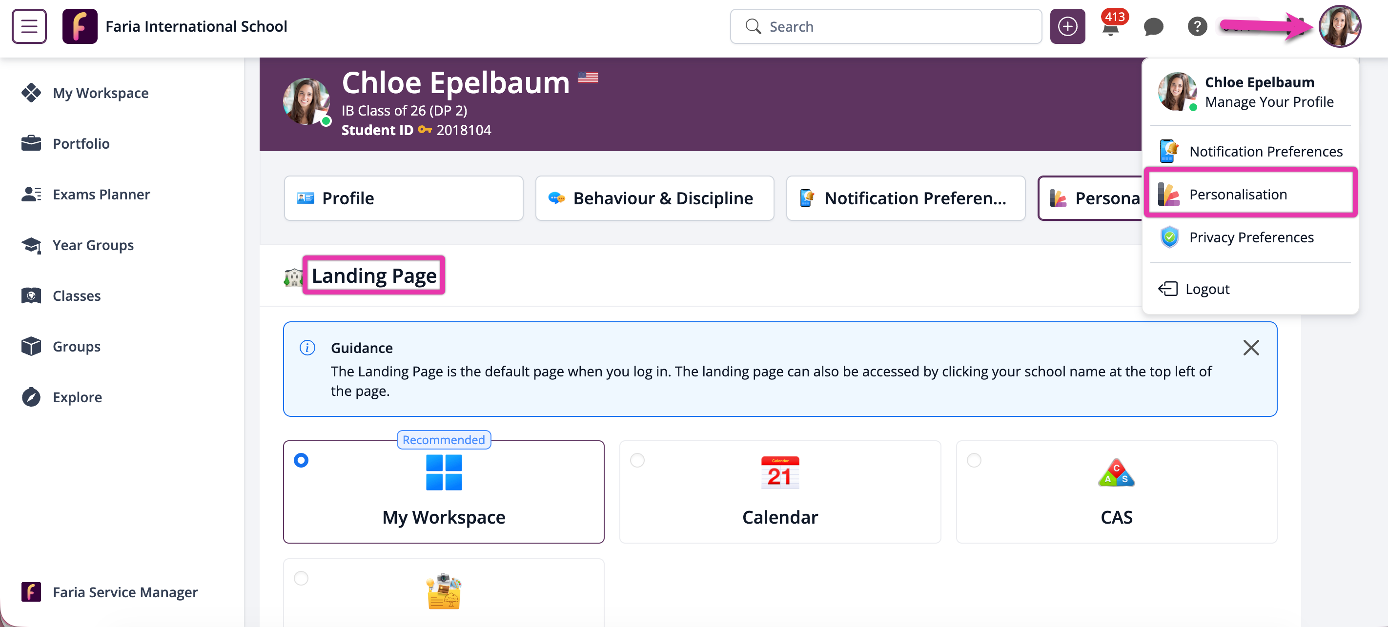 لقطة شاشة: يمكن للمستخدمين اختيار صفحة هبوط افتراضية بحيث يتم توجيههم تلقائيًا إلى صفحة محددة