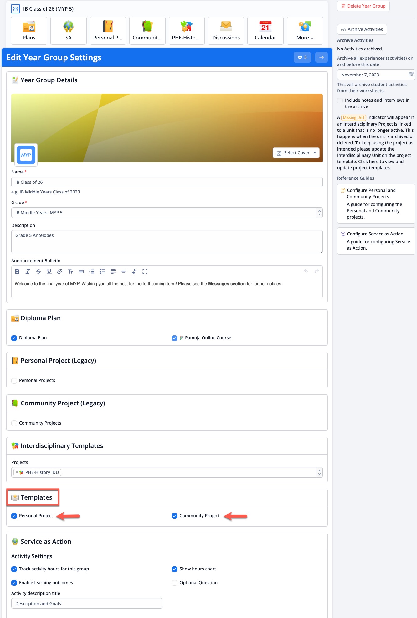 Captura de pantalla: Utilice la sección Progreso del estudiante para personalizar o ampliar los descriptores de progreso generales disponibles para el proyecto.