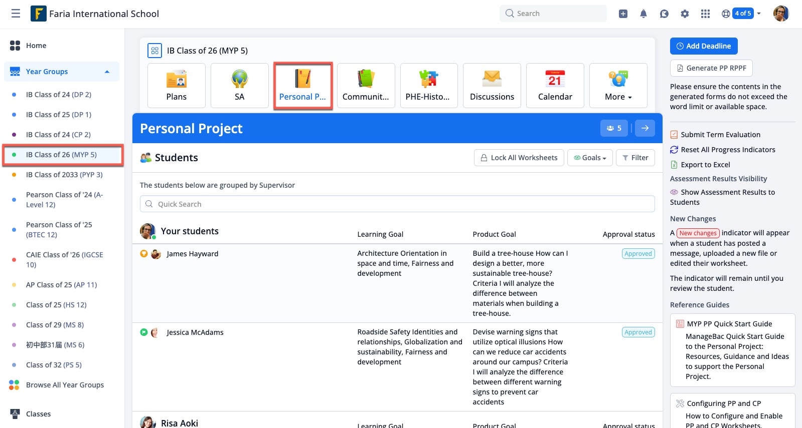 Captura de pantalla: Las plantillas de proyectos personales y comunitarios se pueden habilitar dentro de los grupos de año existentes a través de la configuración de edición del grupo de año.
