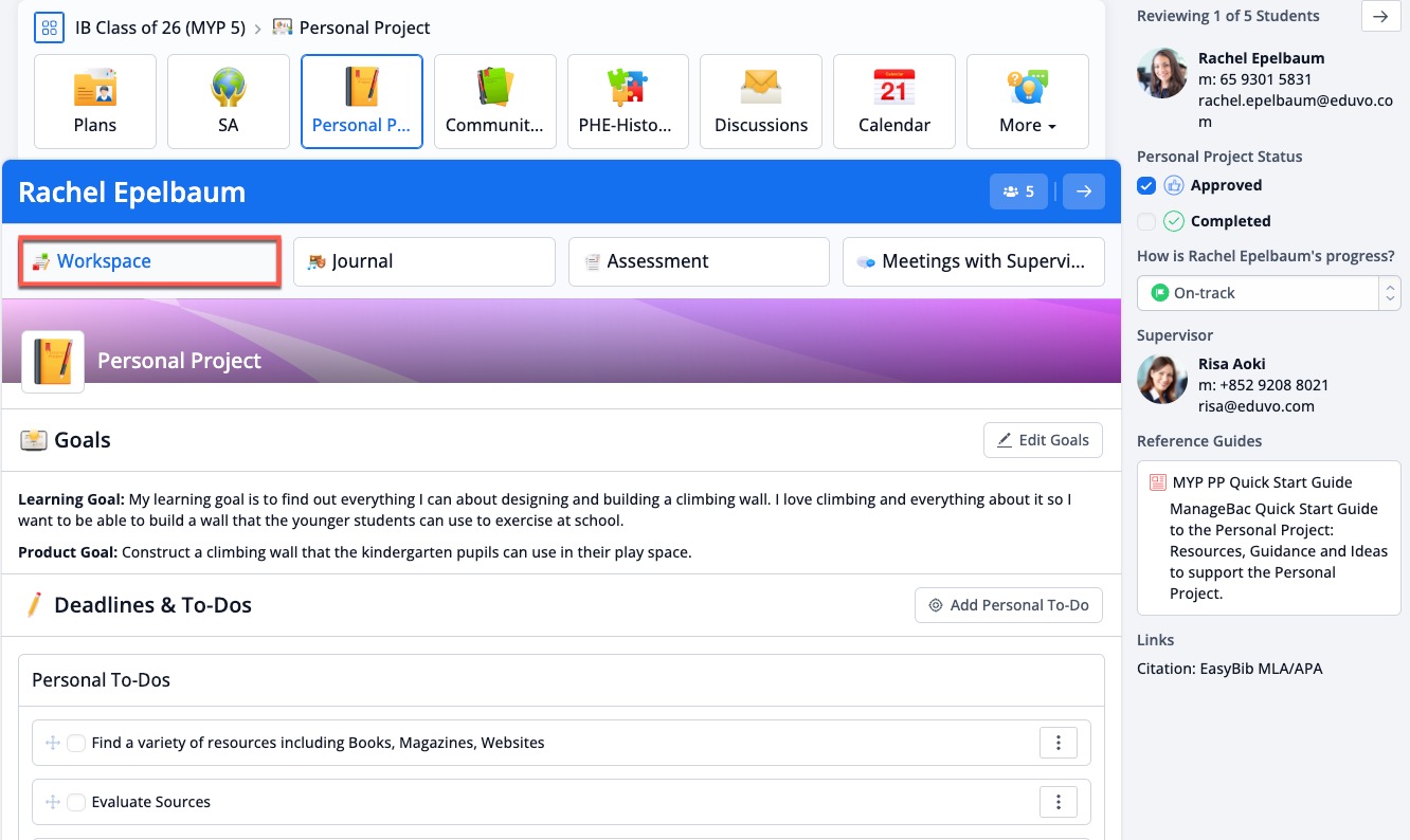 Captura de pantalla: Las hojas de trabajo del proyecto personal permiten a los estudiantes mantener un portafolio del proceso de su proyecto personal.
