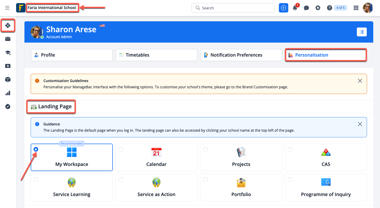 لقطة شاشة: يمكن للمستخدمين اختيار صفحة هبوط افتراضية بحيث يتم توجيههم تلقائيًا إلى صفحة محددة