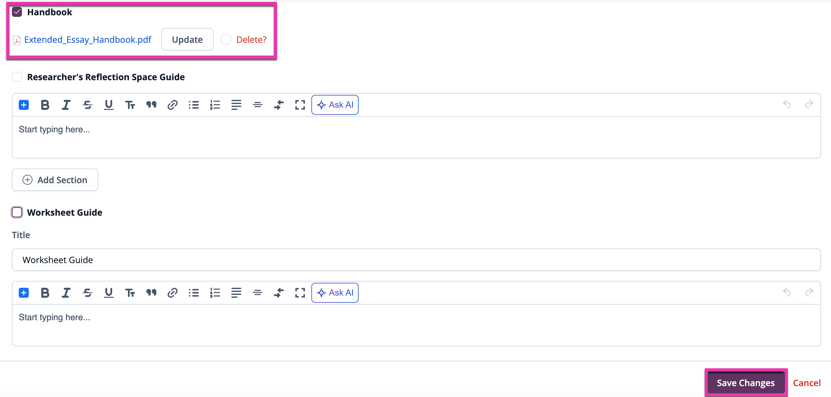 截图：您还可以通过“手册”区域 > “更新”上传您拥有的任何手册。