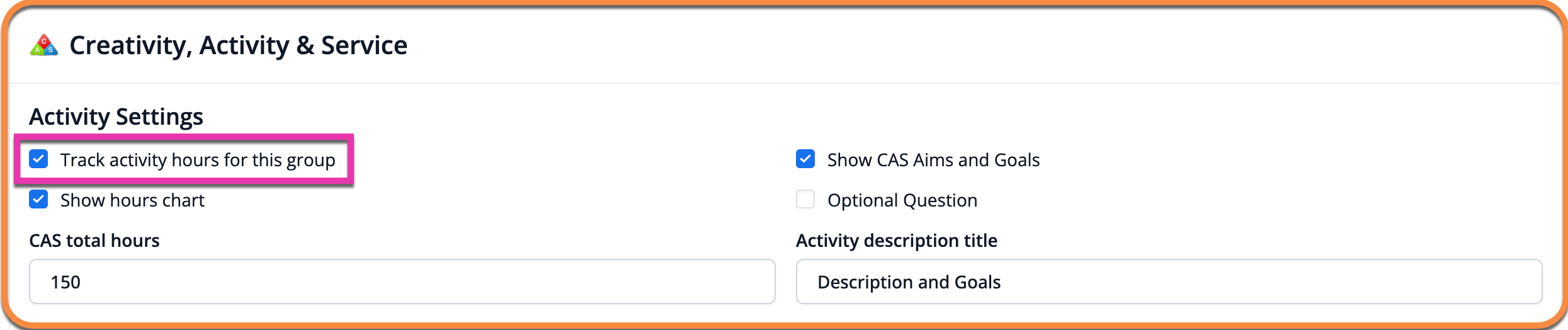 لقطة شاشة: تفعيل وتخصيص تتبع ساعات CAS