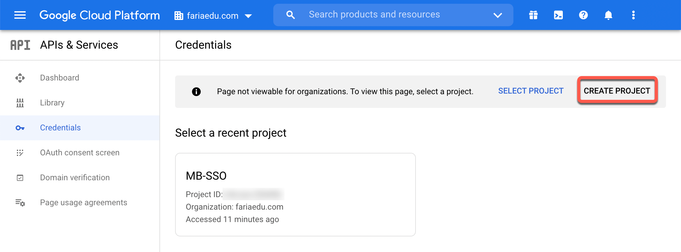 لقطة شاشة: بصفتك مسؤولاً، انتقل إلى https://console.cloud.google.com/