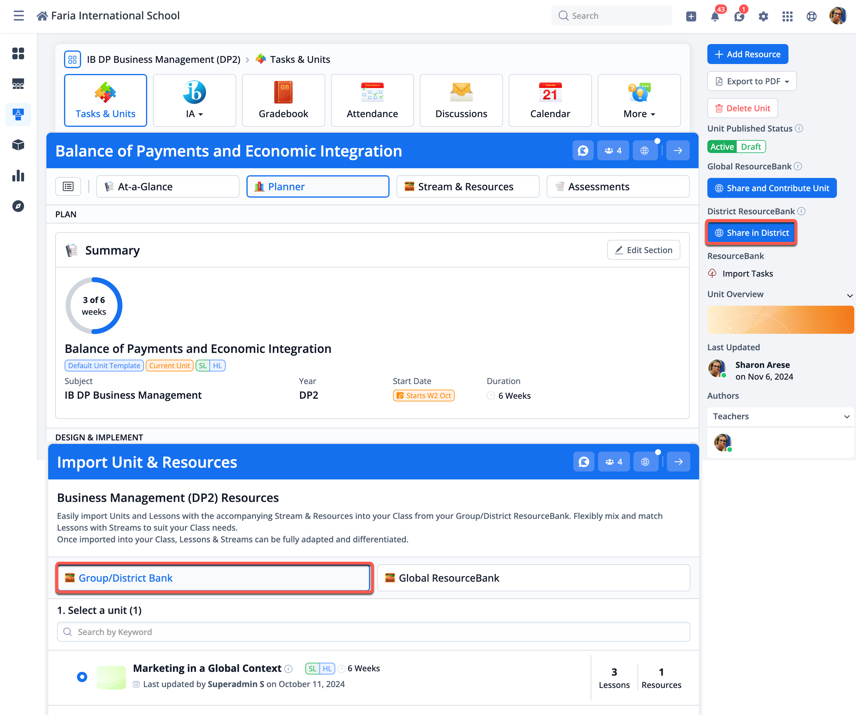 截图：拥有多所ManageBac+学校的学校团体或学区可以申请共享单元计划。