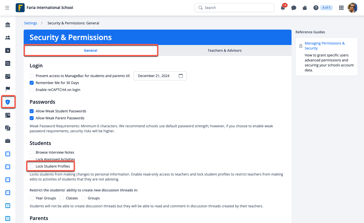 Captura de pantalla: Bloquear o desbloquear los perfiles de estudiantes y padres a través de Configuración > Seguridad y permisos > General