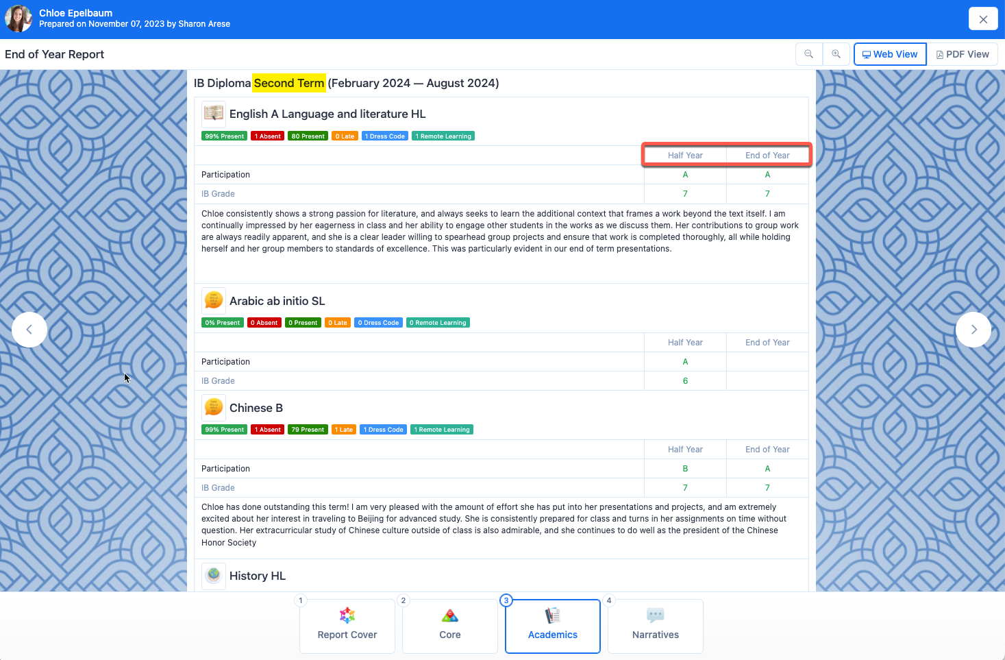 Captura de pantalla: Las plantillas de boletines de calificaciones multicurriculares con la opción de calificaciones trimestrales acumulativas habilitada ahora pueden mostrar alias.