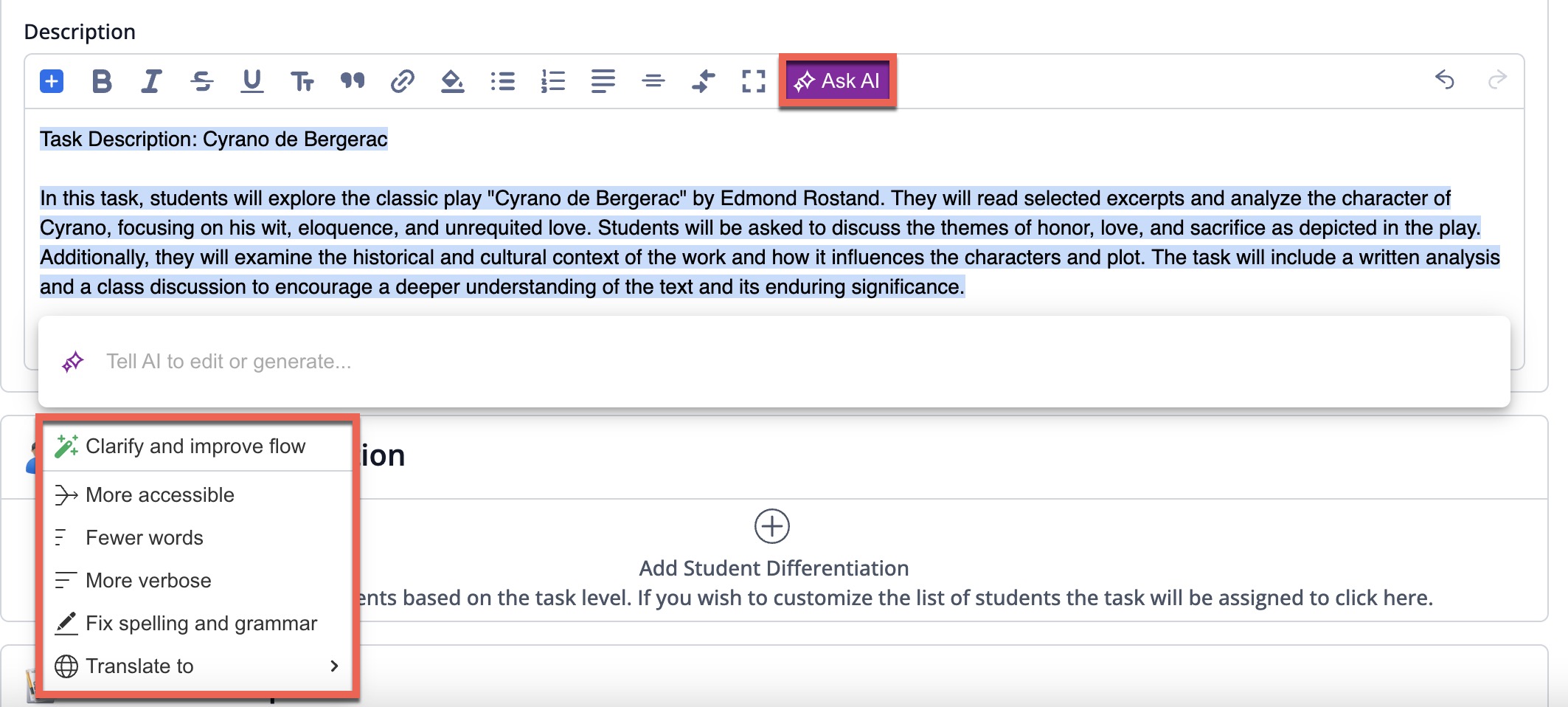 Captura de pantalla: Nos complace anunciar el lanzamiento del Asistente de escritura con IA ManageBac+, que permite a los educadores crear