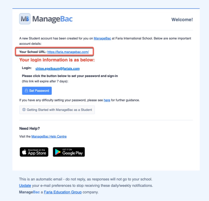 Captura de pantalla: El dominio personalizado de tu escuela para ManageBac+ ahora se incluye de forma más destacada en los correos electrónicos de bienvenida para todos los usuarios.