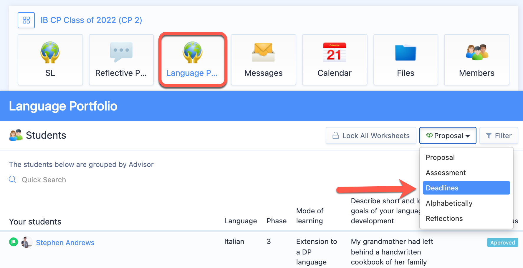 Captura de pantalla: Las fechas límite aparecerán en la hoja de trabajo del proyecto del estudiante.