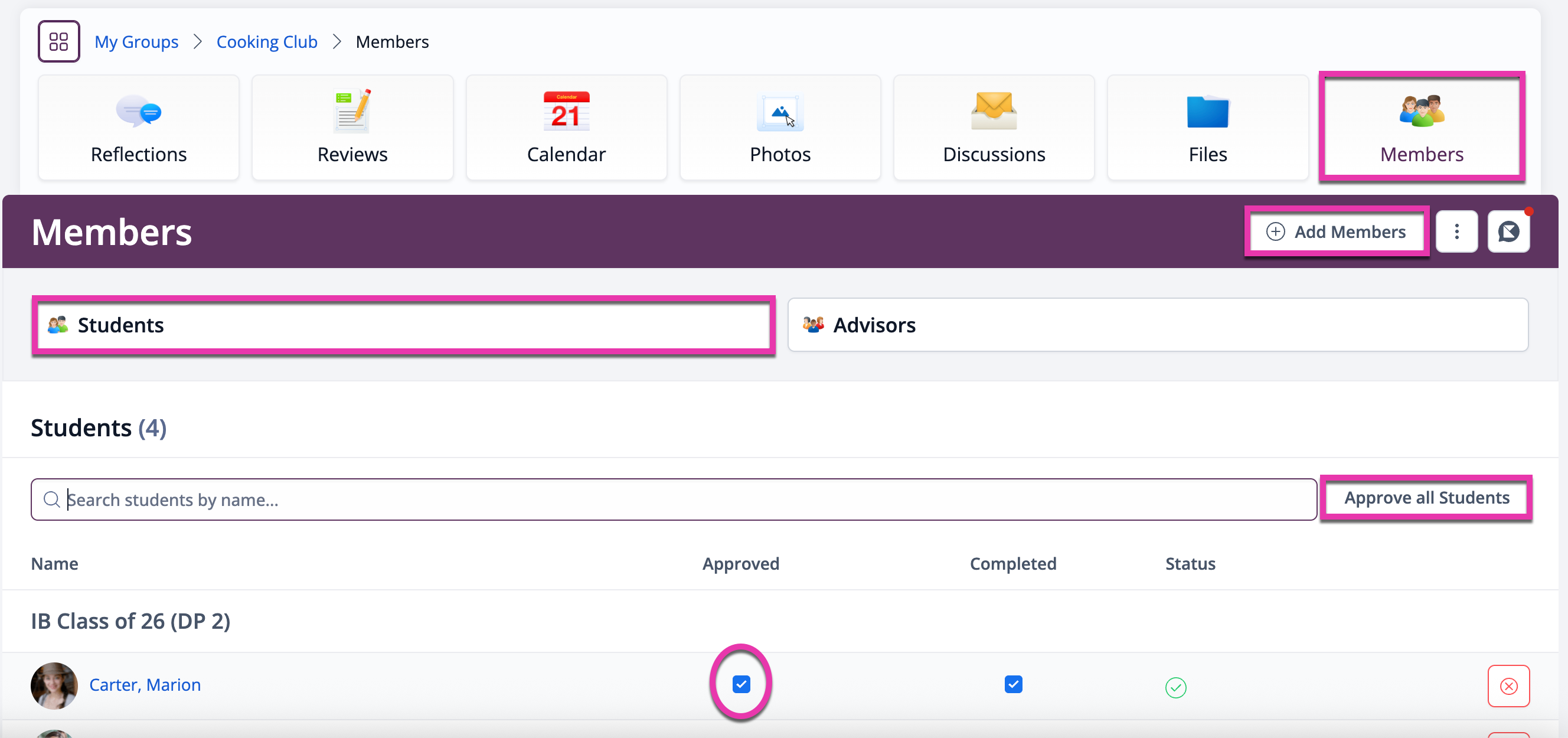 لقطة شاشة: بالنسبة للمجموعات التي تم إنشاؤها والتي لم يتم تفعيل خاصية قفل العضوية فيها، يمكن للطلاب الانضمام إلى هذه المجموعات بالنقر على "انضمام".