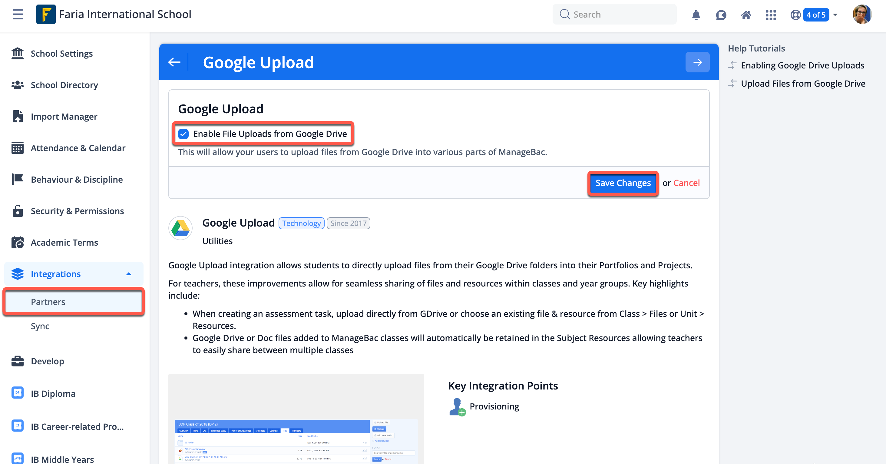 屏幕截图：要启用 Google 云端硬盘集成，请导航至“设置”>“集成”>“合作伙伴”>“Google 上传”。