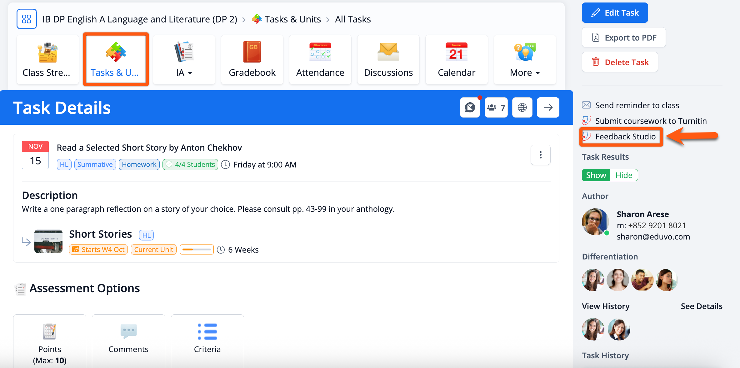 لقطة شاشة: بعد ذلك، انقر فوق Feedback Studio لعرض صندوق وارد الواجب وإعدادات Turnitin لهذا الواجب
