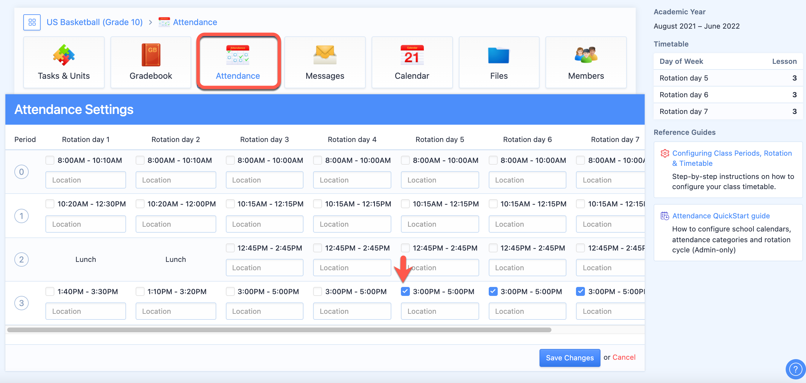Captura de pantalla: Asistencia: Configure la lista de participantes de la sesión de actividad a través de la pestaña Clase > Asistencia > Configurar asistencia (si