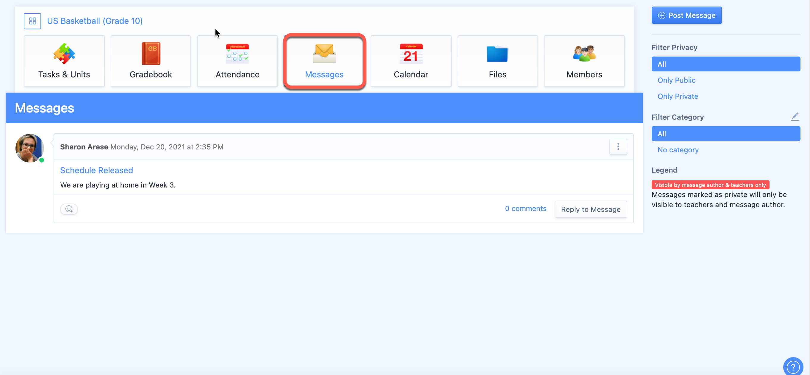 Captura de pantalla: Uso continuo: utilice la pestaña Mensajes para comunicar cambios de horario o requisitos de uniformes, y utilice la pestaña Archivos.