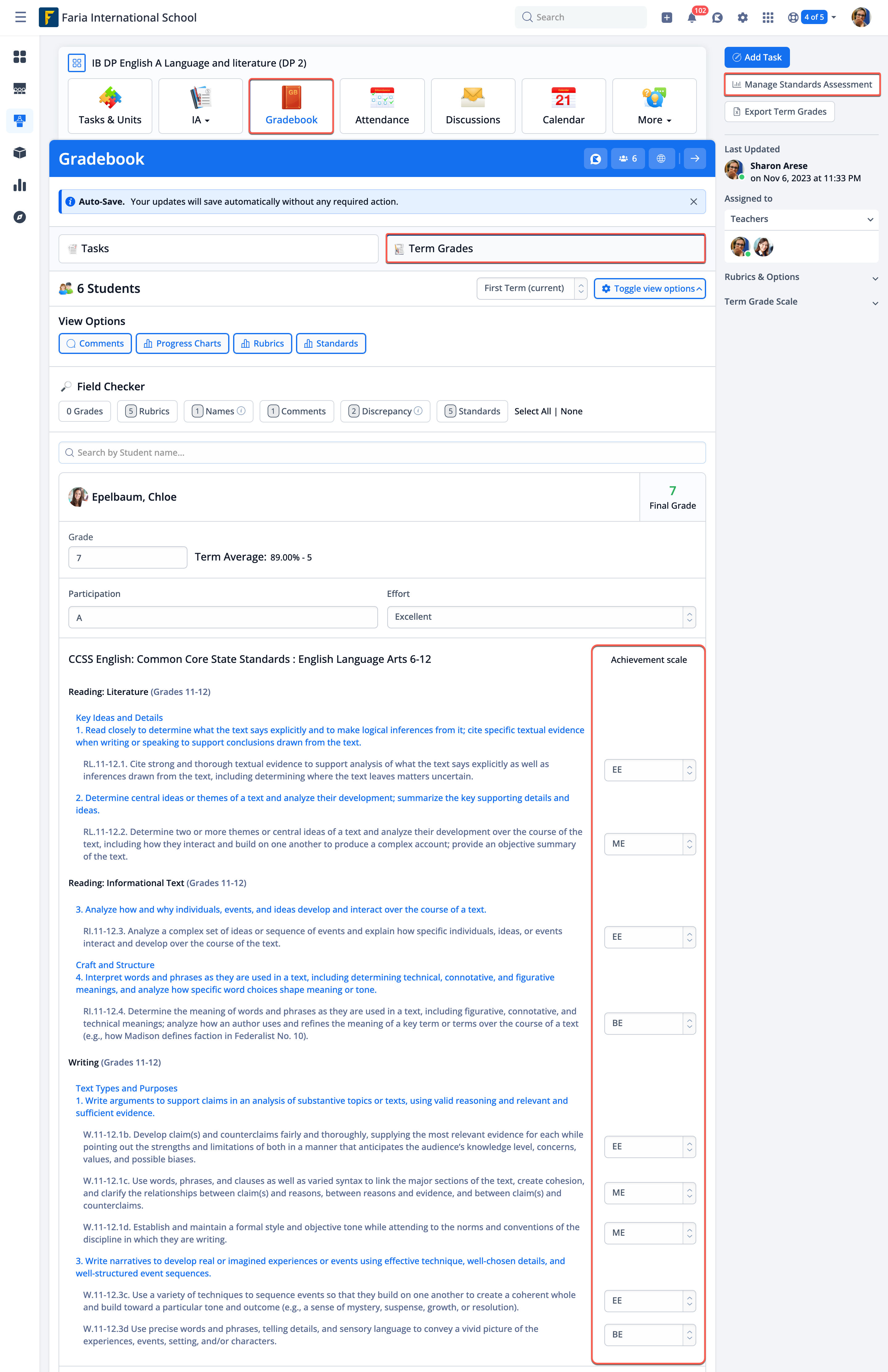 屏幕截图：Demo.managebac.com 教师课程 10209288 成绩簿 学期 31965 学期成绩