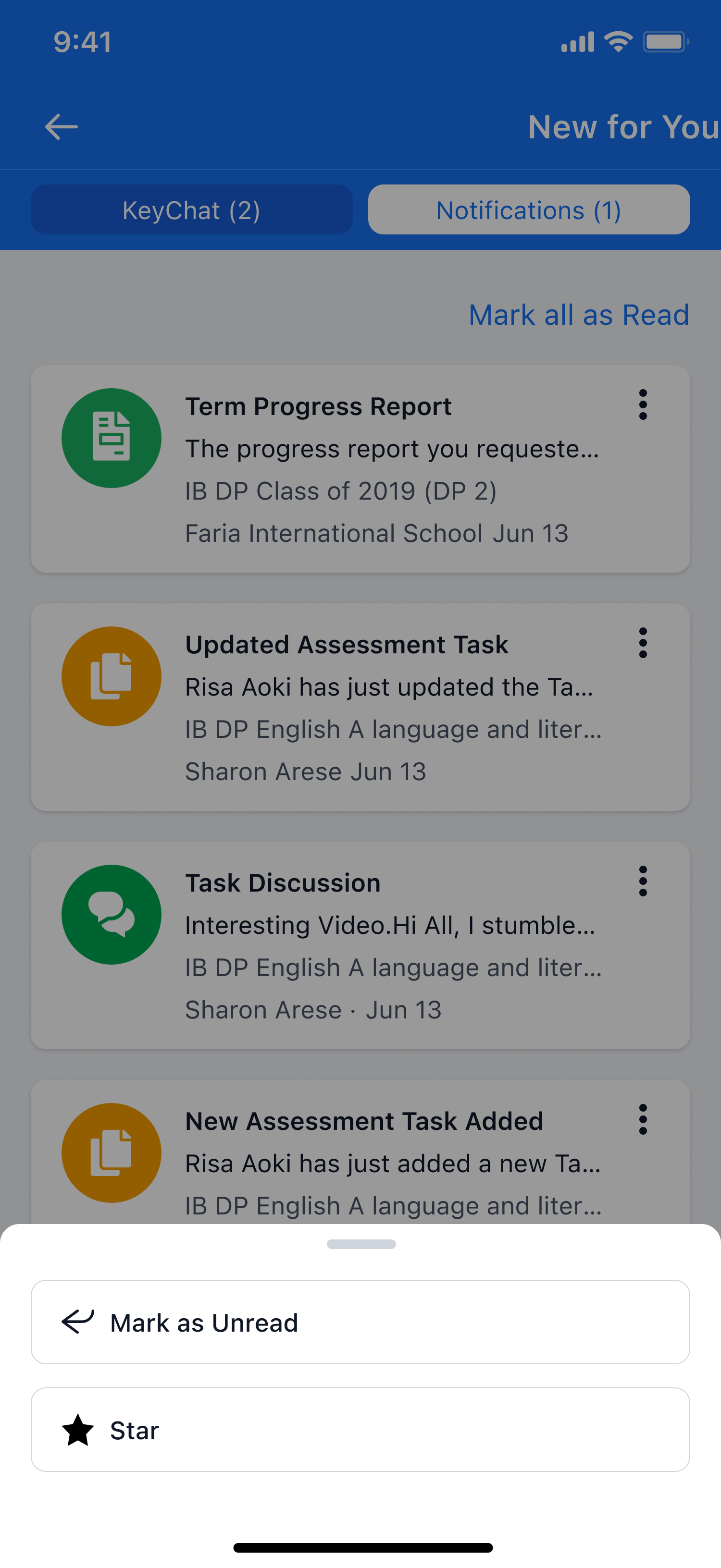 لقطة شاشة: على غرار ManageBac+ على الويب، يتم تنظيم تدفق الإشعارات في ثلاثة أقسام، جديد لك