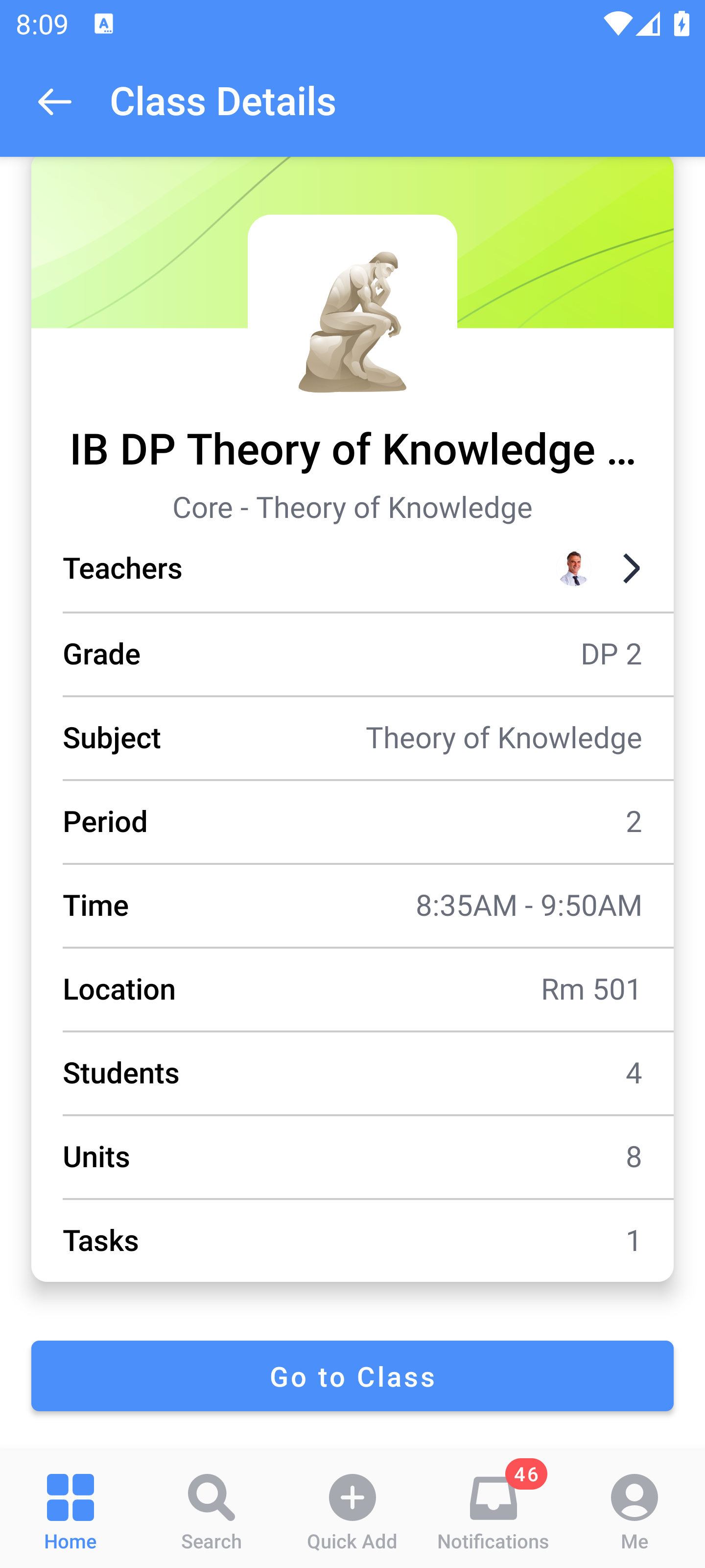 Captura de pantalla: Vista actualizada del horario móvil: Detalles de la clase en Android