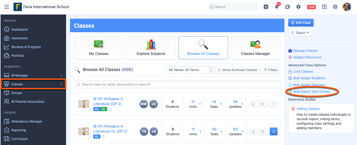 Captura de pantalla: Los administradores pueden exportar masivamente las calificaciones de las tareas por nivel de grado: 20 de enero de 2023