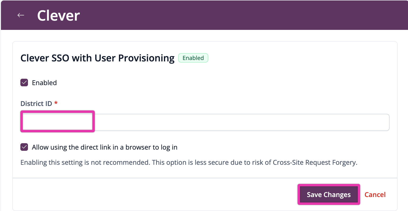 لقطة شاشة: بمجرد أن يقوم مدير تجربة المدرسة بتفعيل Clever SSO، ستتمكن المدارس من الانتقال إلى الإعدادات > الشركاء
