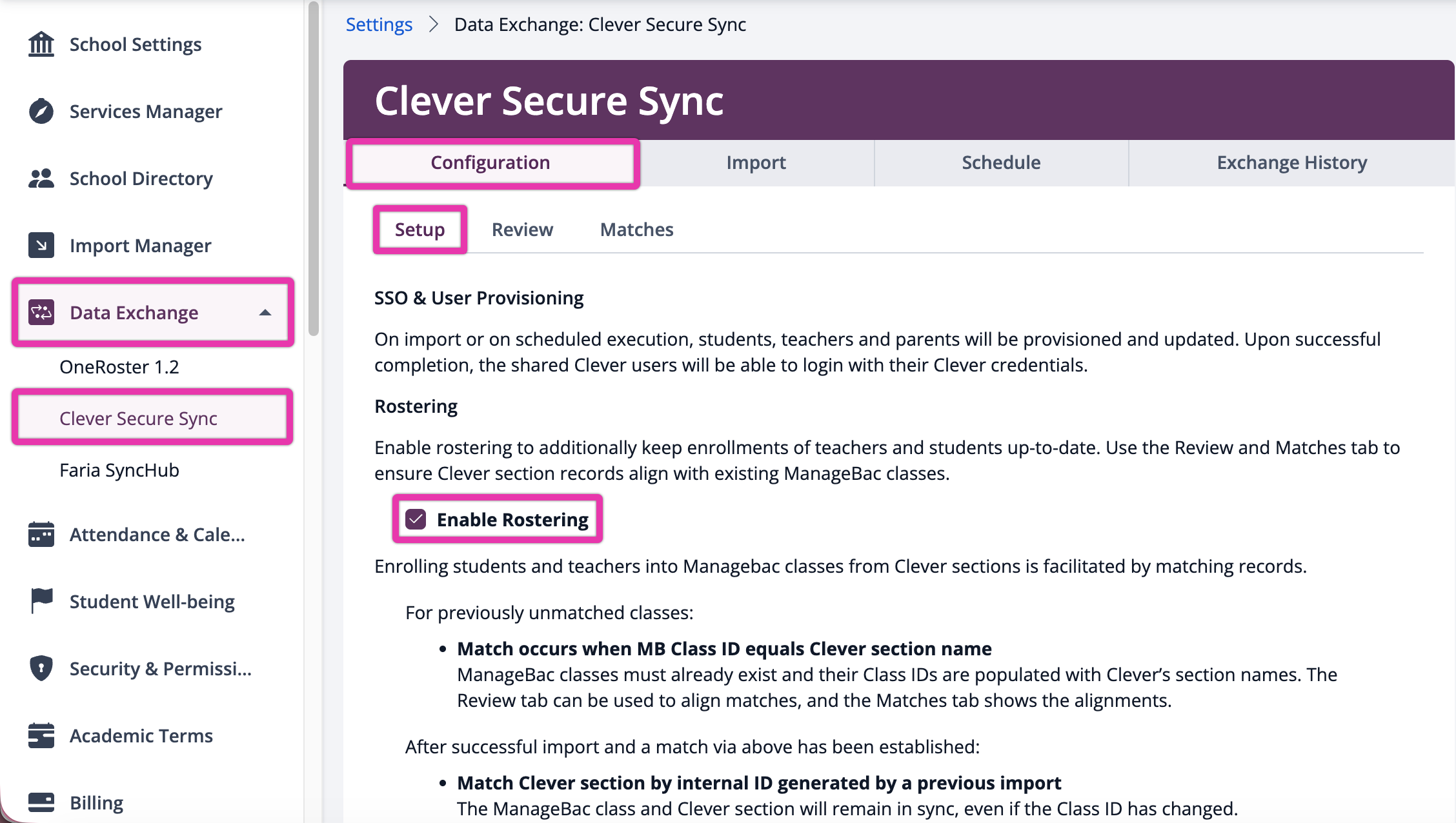 截图：通过“设置”>“数据交换”>“Clever Secure Sync”>“设置”，您可以勾选激活该类的复选框。