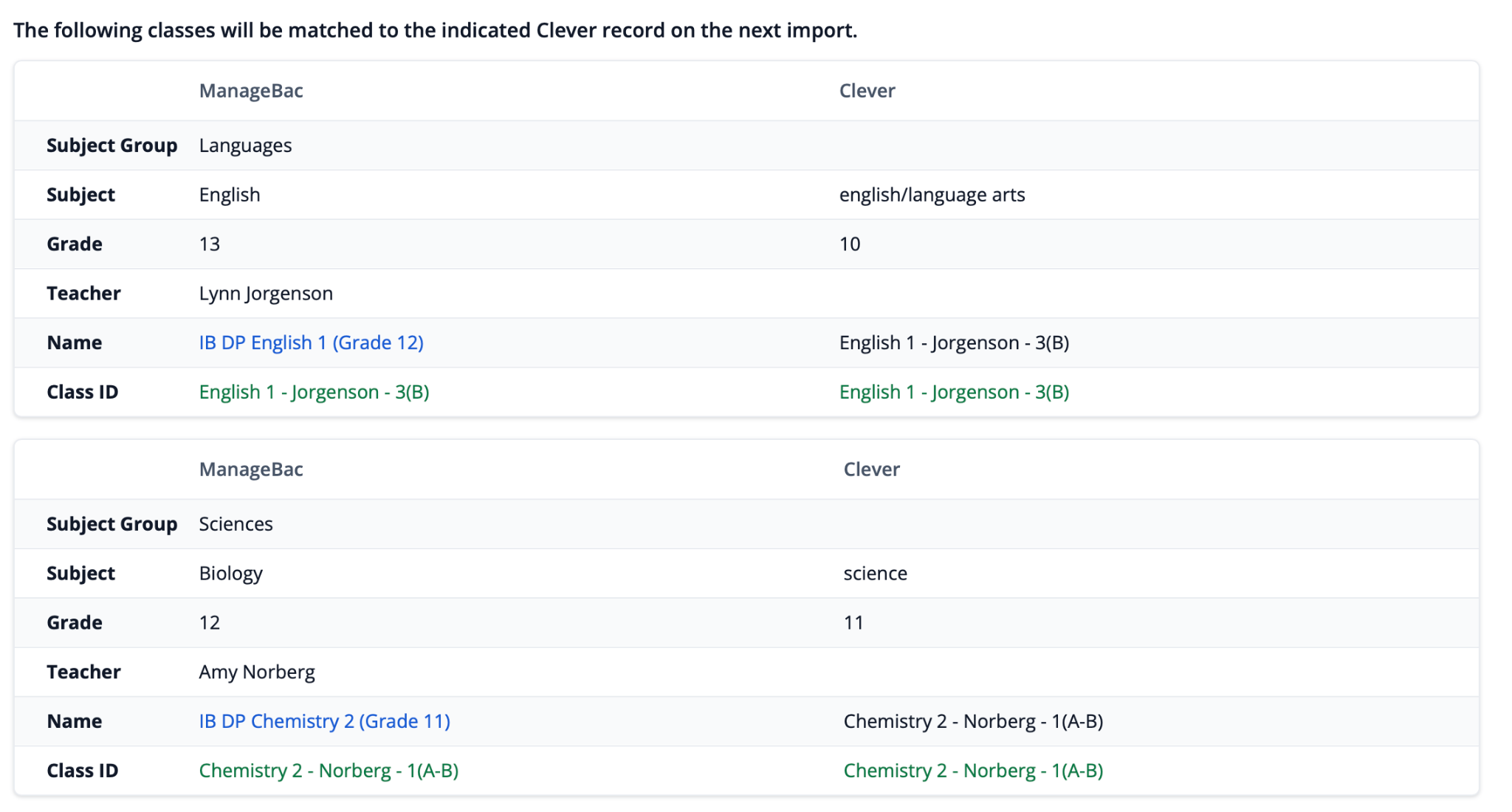 截图：ManageBac 各类别与其对应的 Clever 部分的并排表格
