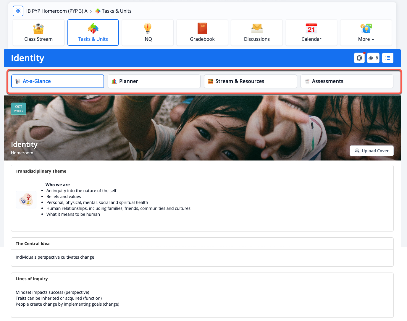 لقطة شاشة: على الرغم من أن ManageBac+ يوفر قوالب افتراضية لبرنامج البكالوريا الدولية للمرحلة الابتدائية (IB PYP)، إلا أنه يمكن لمدرستك تخصيص ذلك عبر الإعدادات.