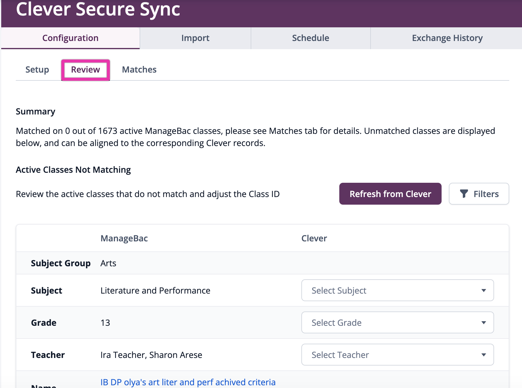 屏幕截图：Clever 设置中的一个选项卡，用于比较未匹配的 ManageBac 类与可用的 Clever 记录。