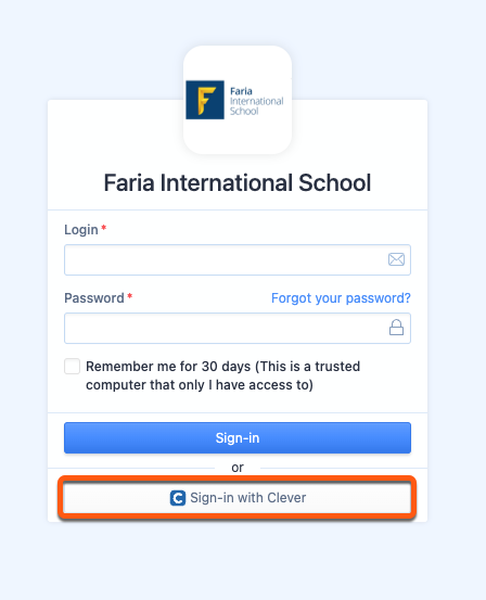 屏幕截图：在 ManageBac+ 登录屏幕上选择“使用 Clever 登录”