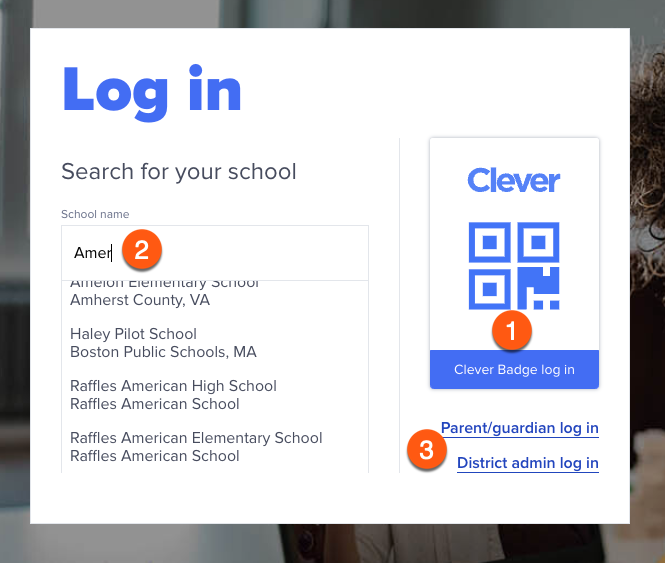 屏幕截图：选择使用您的 Clever 凭据以家长或地区管理员身份登录。