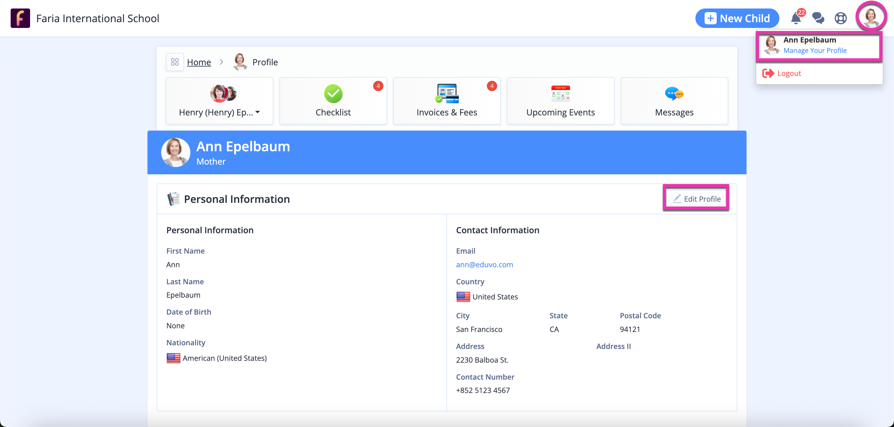截图：家长可以通过 OpenApply 账户 > 管理个人资料 > 编辑个人资料 访问其核心个人资料信息。