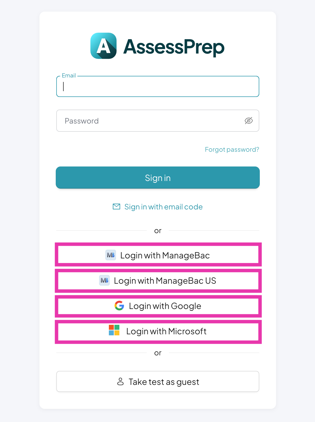 屏幕截图：点击“使用 ManageBac+、Google 或 Microsoft 登录”