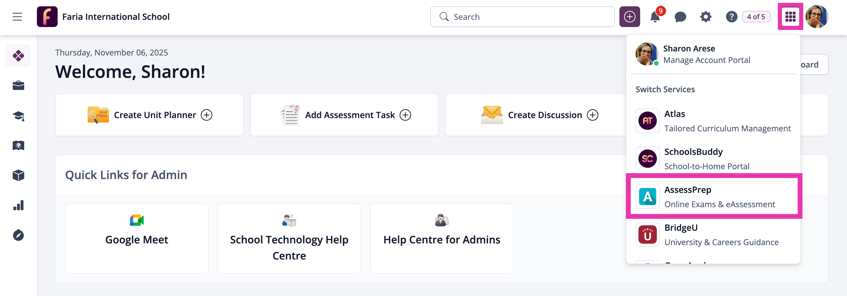 屏幕截图：通过 LaunchPad 在 AssessPrep 和 ManageBac+ 之间切换