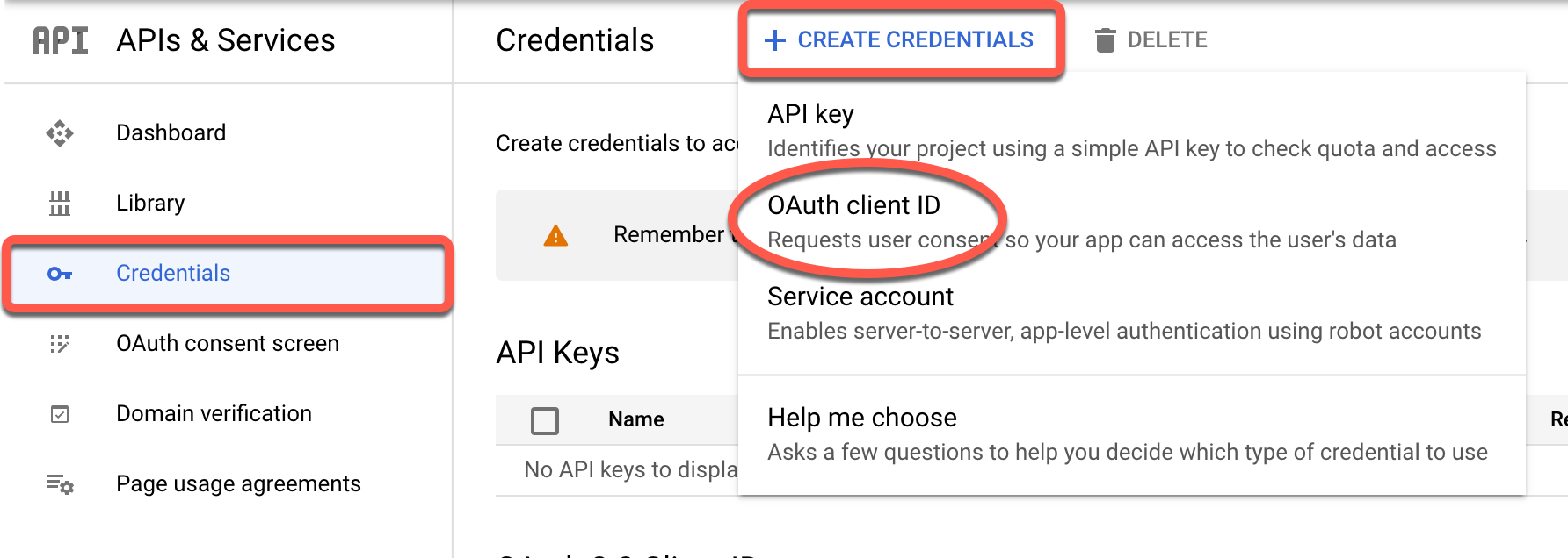 屏幕截图：点击“创建凭据”并选择 OAuth 客户端 ID