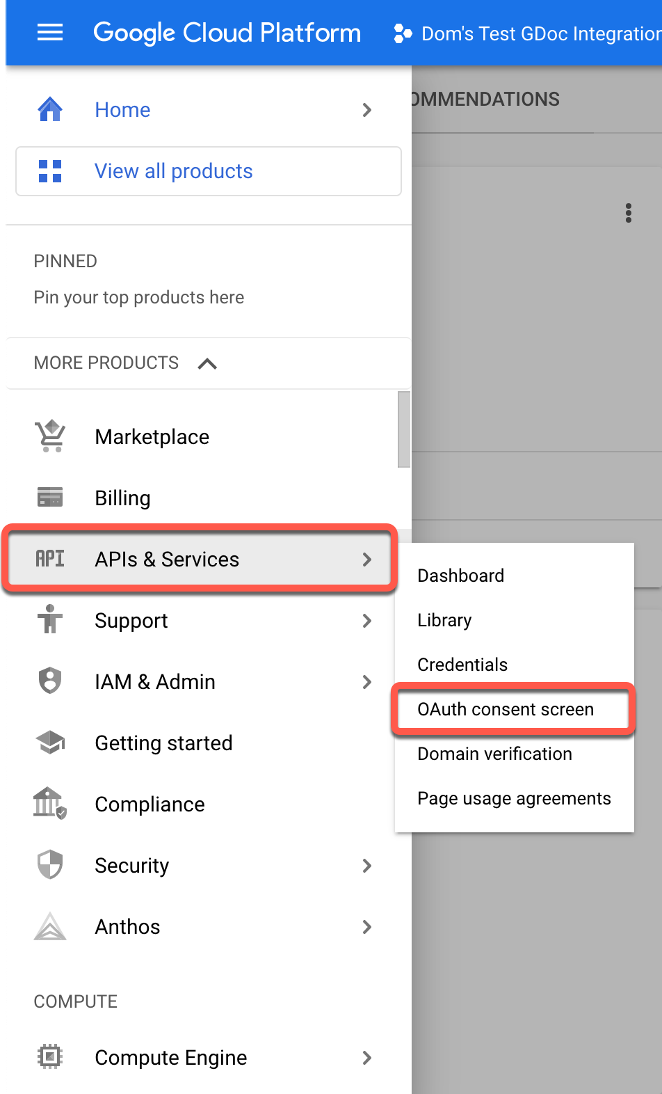 لقطة شاشة: انتقل إلى شاشة موافقة OAuth عبر القائمة العلوية اليسرى > واجهات برمجة التطبيقات والخدمات، ثم أنشئ تطبيقًا داخليًا وانقر على "إنشاء".