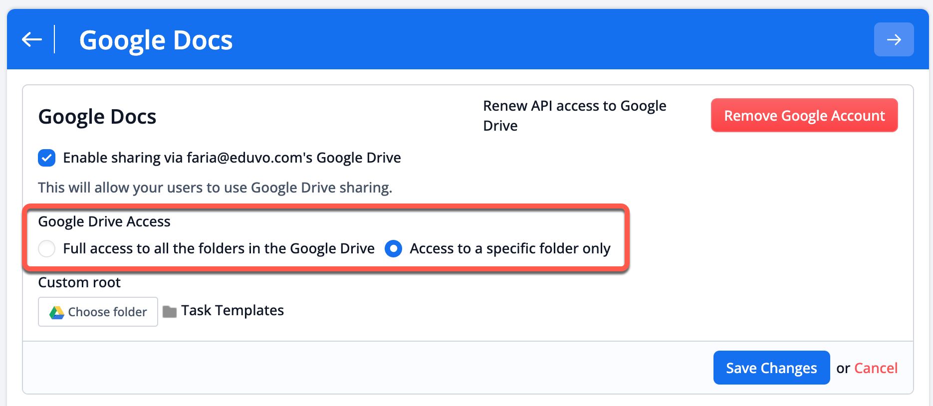 لقطة شاشة: إذا كانت مدرستك تقوم فقط بتحديث اتصال Google Drive المرتبط، فيرجى التأكد من تحديد Google Drive نفسه.