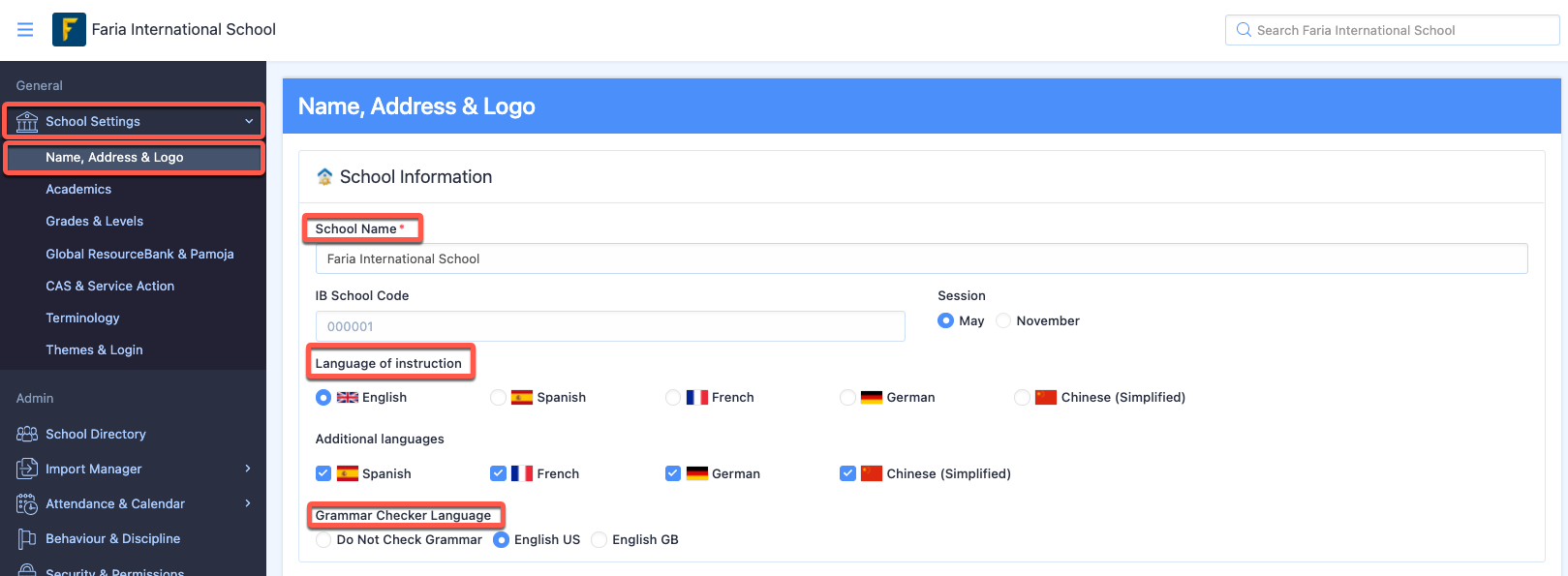 Captura de pantalla: Idioma predeterminado, ya sea inglés, español, francés o chino (simplificado).
