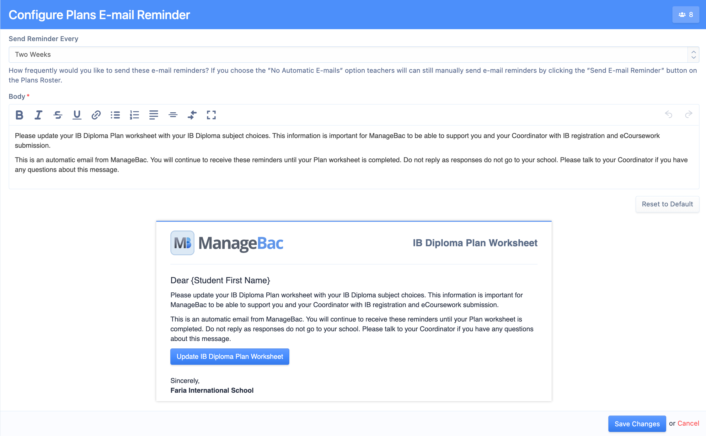 Captura de pantalla: Ahora hemos implementado la función para enviar recordatorios por correo electrónico a los estudiantes que no hayan completado su Hoja de trabajo de planes.