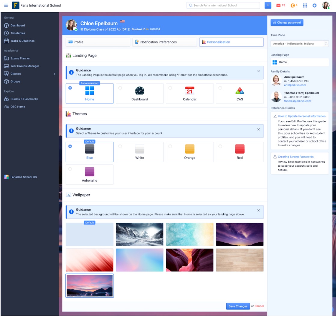 Captura de pantalla: Personalización de marca Los administradores ahora pueden gestionar las personalizaciones de sus escuelas, configurando fondos de pantalla predeterminados, páginas de inicio